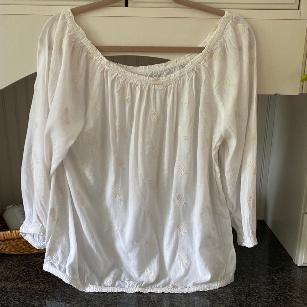 White Embroidered Pineapple Peasant Blouse